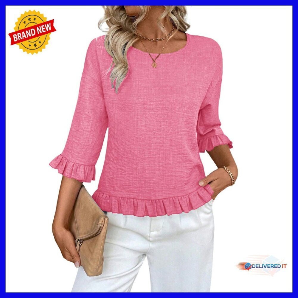 Linen Blend 3/4 Sleeve Ruffle Blouse Drop Shoulder M